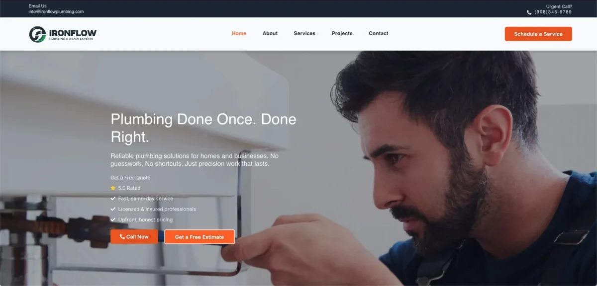 IronFlow Plumbing website concept build in WordPress and Elementor