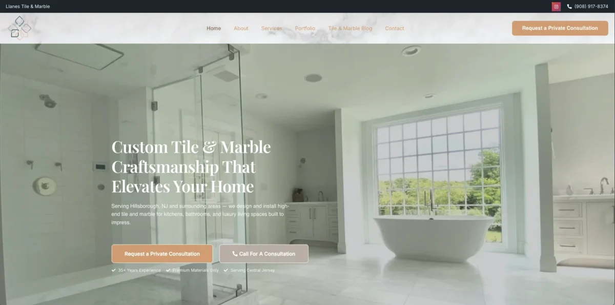 Homepage of the Llanes Tile and Marble WordPress website built with Elementor
