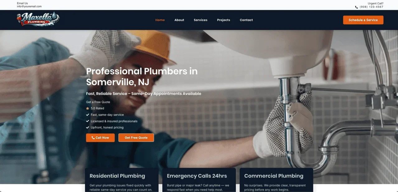 Maxella Plumbing plumbing website concept build in WordPress and Elementor