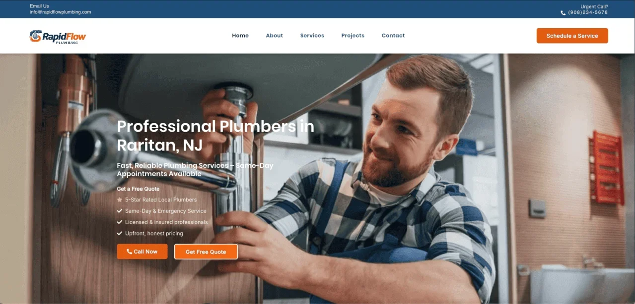 RapidFlow Plumbing plumbing website concept build in WordPress and Elementor