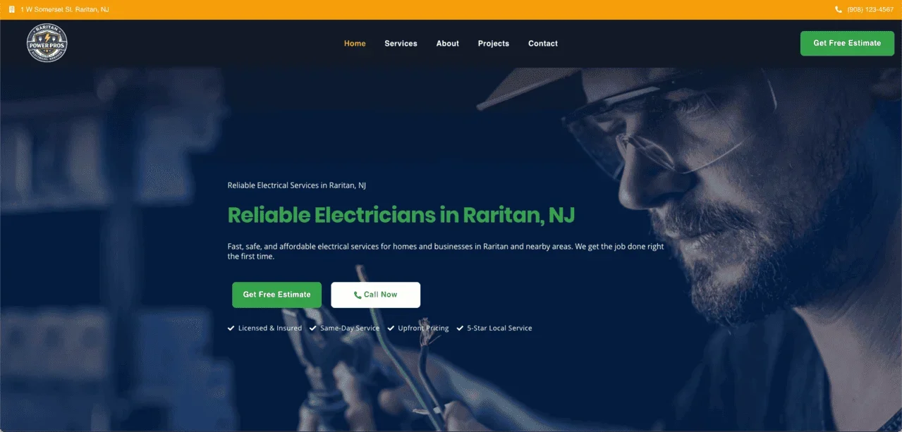 Raritan Power Pros electrician website concept build in WordPress and Elementor