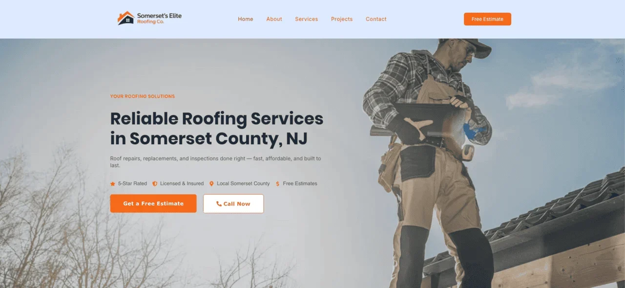 Somerset's Elite Roofing roofing website concept build in WordPress and Elementor