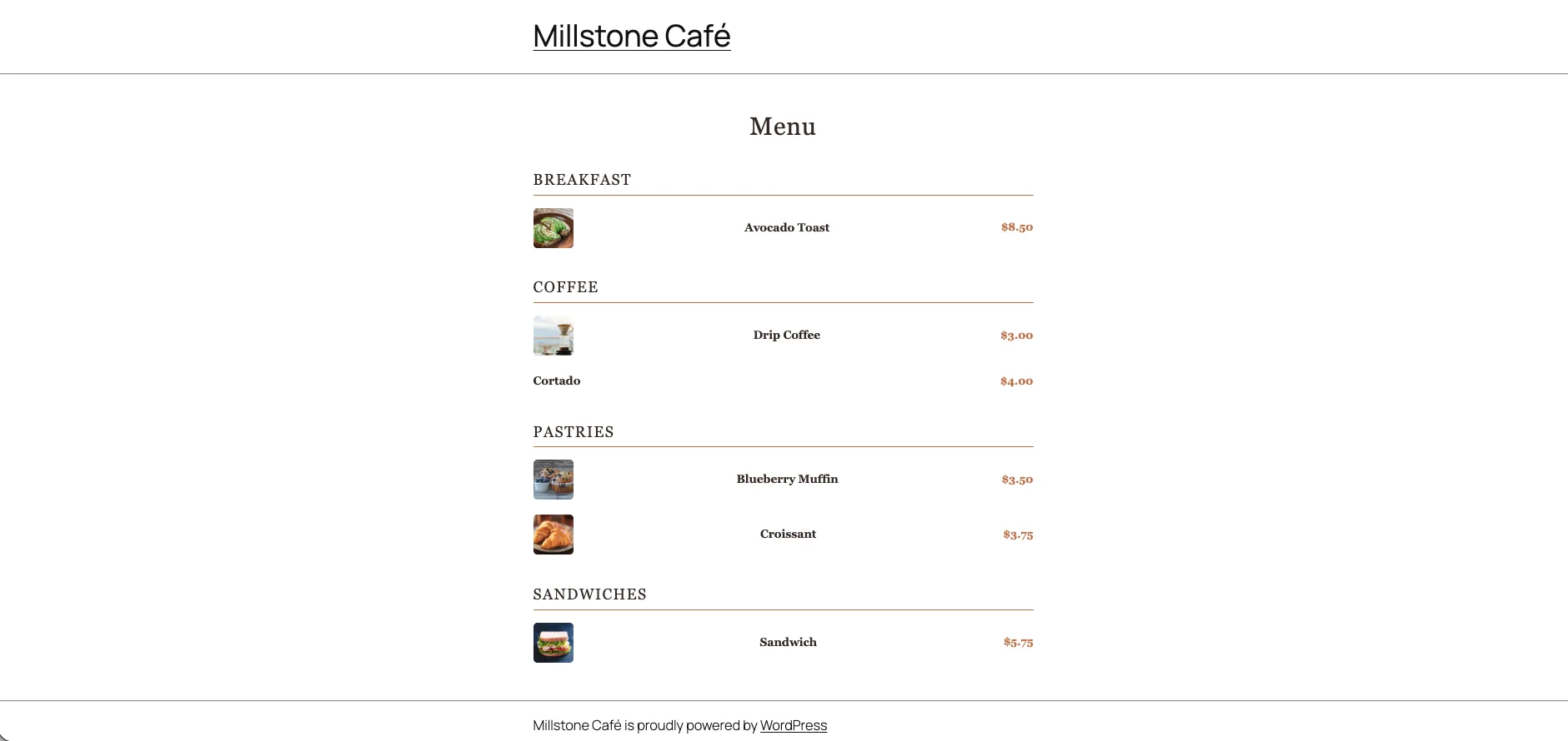restaurant menu page