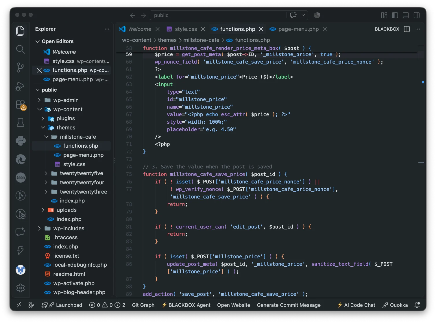 VS Code of the Restaurant Menu Page