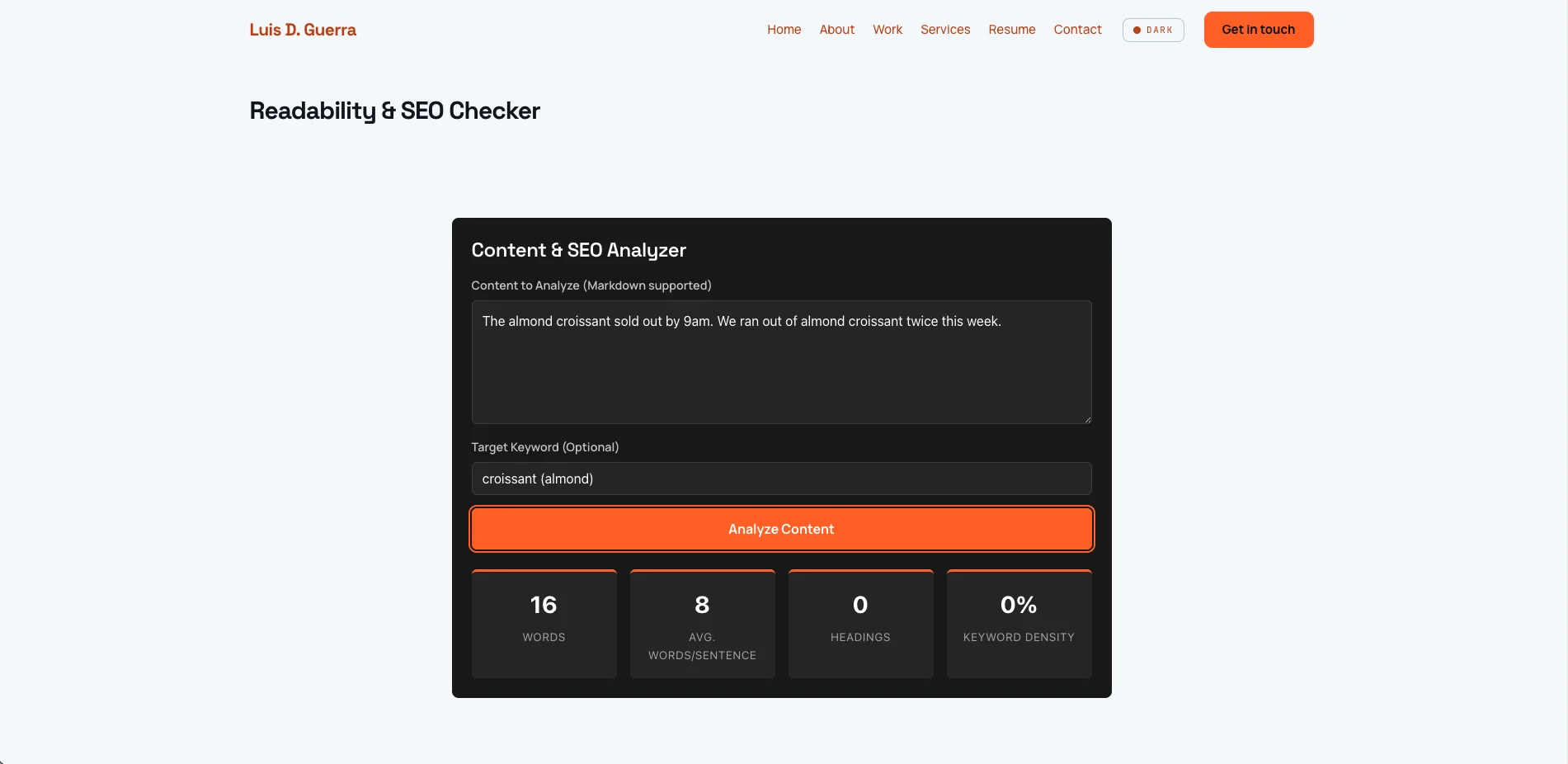 Readability & SEO Checker running analysis. Second analysis